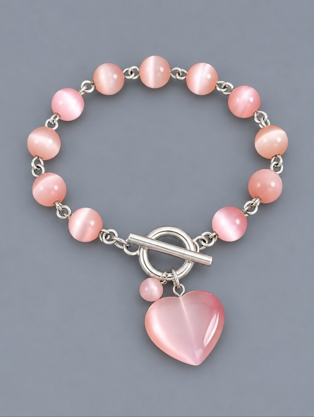 Handmade Barbie Pink Cat's Eye Beaded Chain Heart Charm Toggle Tennis Bracelet